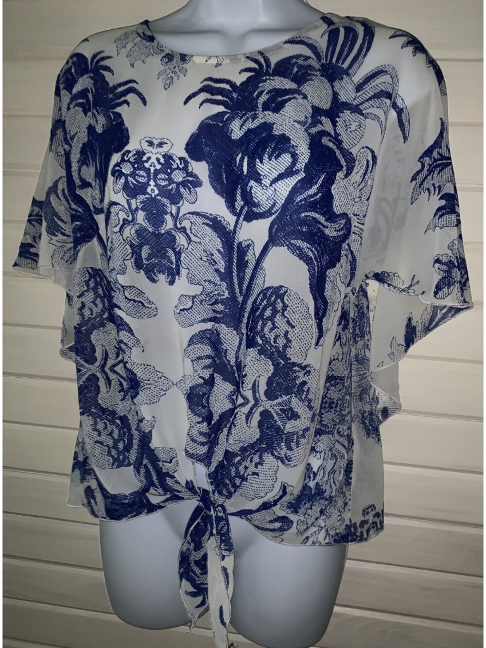 Alberto Makali Sz SMALL Blue Floral Wearable Art Tie Front Caftan Tunic EUC